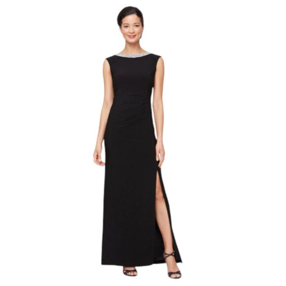 Alex Evenings Black Rhinestone Embellished Neck Long Dress size 4 New - Picture 1 of 11